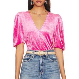 FREE PEOPLE Pink Puff Sleeve Velvet Bodysuit S